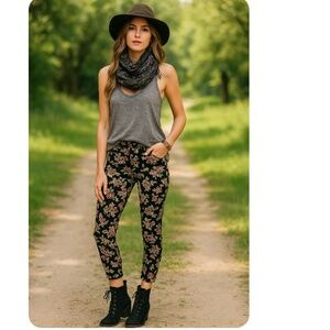FREE PEOPLE Floral Black Corduroy Skinny Pants Size 26
